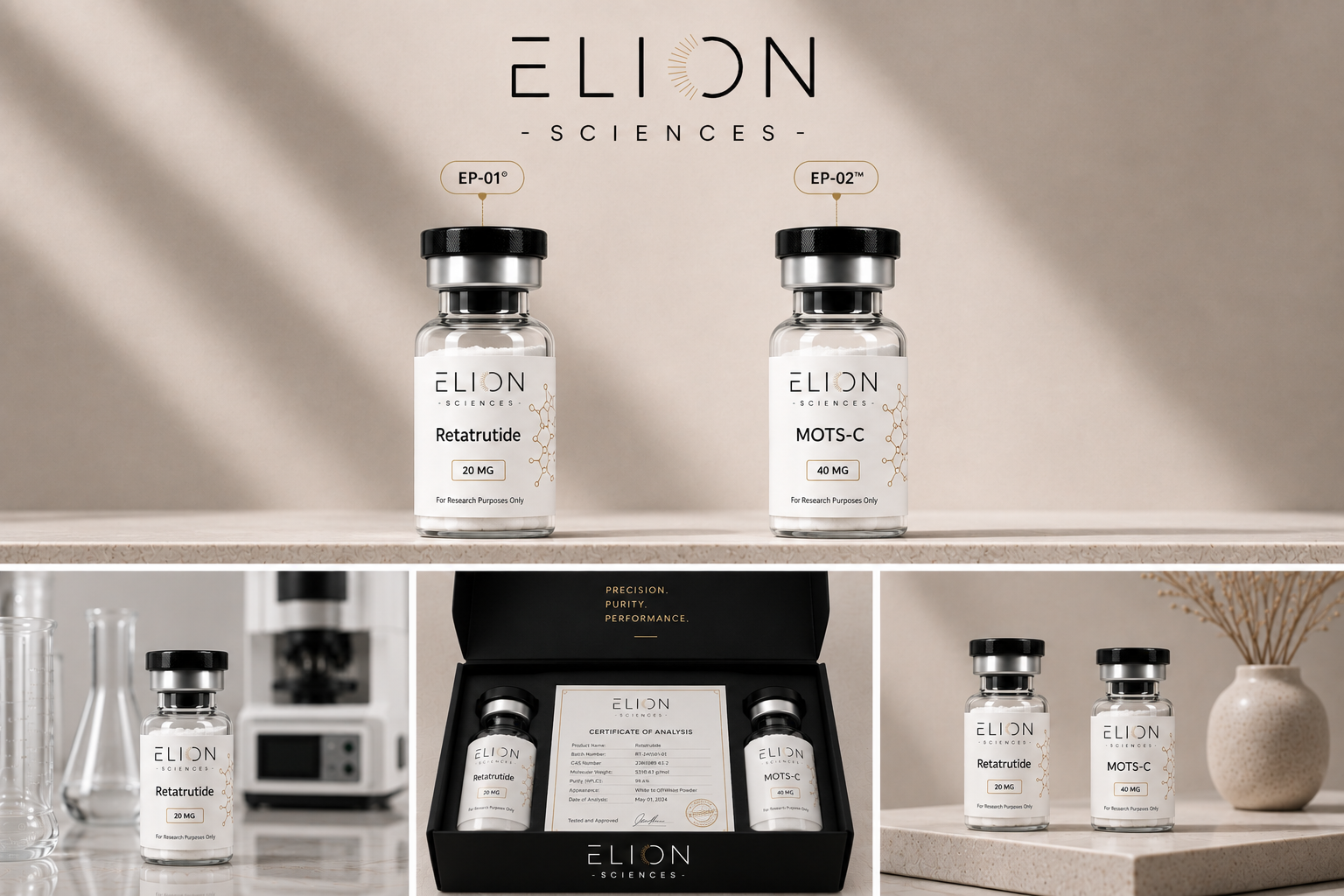 Luxury Elion Sciences research peptide display featuring Retatrutide 20 mg and MOTS-C 40 mg vials in a warm, modern laboratory setting. The collage includes close-up product photography, laboratory glassware, Elion EP-01 and EP-02 identifiers, and premium black presentation packaging with a Certificate of Analysis, highlighting research purity, testing, and quality standards.