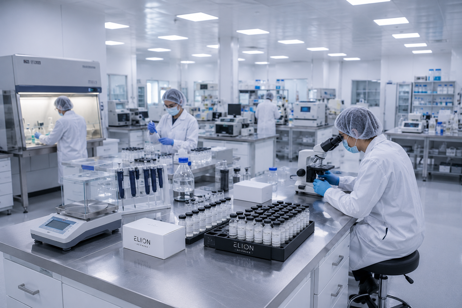 Laboratory researchers wearing protective clothing work with microscopes, pipettes, and Elion Sciences research vials in a bright, sterile laboratory.