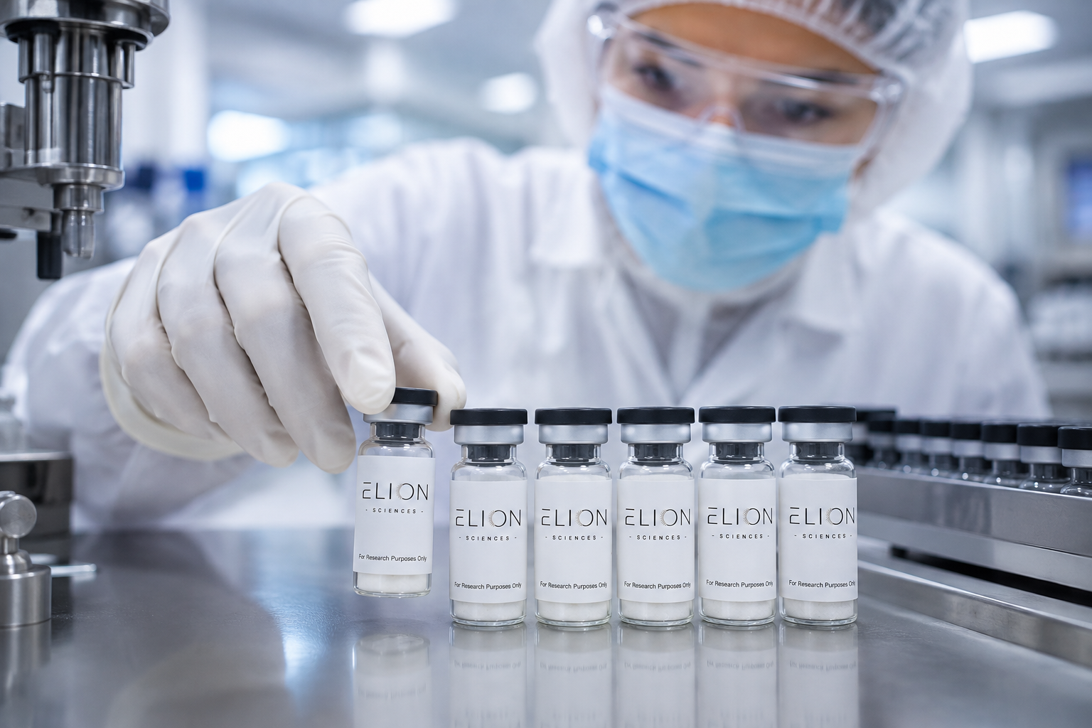 Laboratory technician wearing gloves, safety goggles, and a face mask handles Elion Sciences research vials on a stainless steel production line.