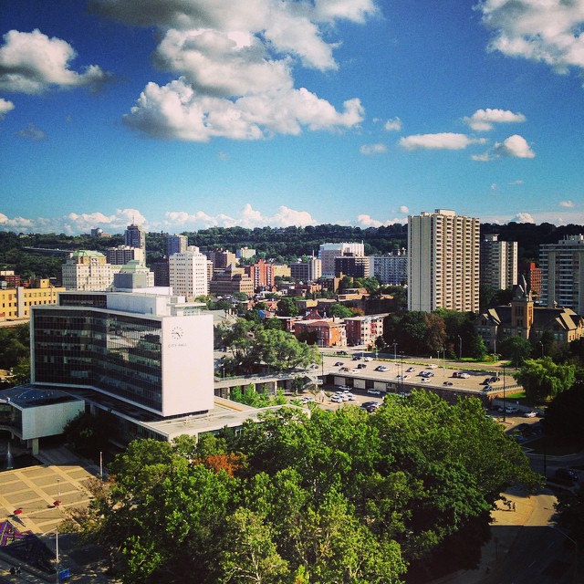 Hamilton City Hall and the downtown skyline below the Niagara Escarpment
