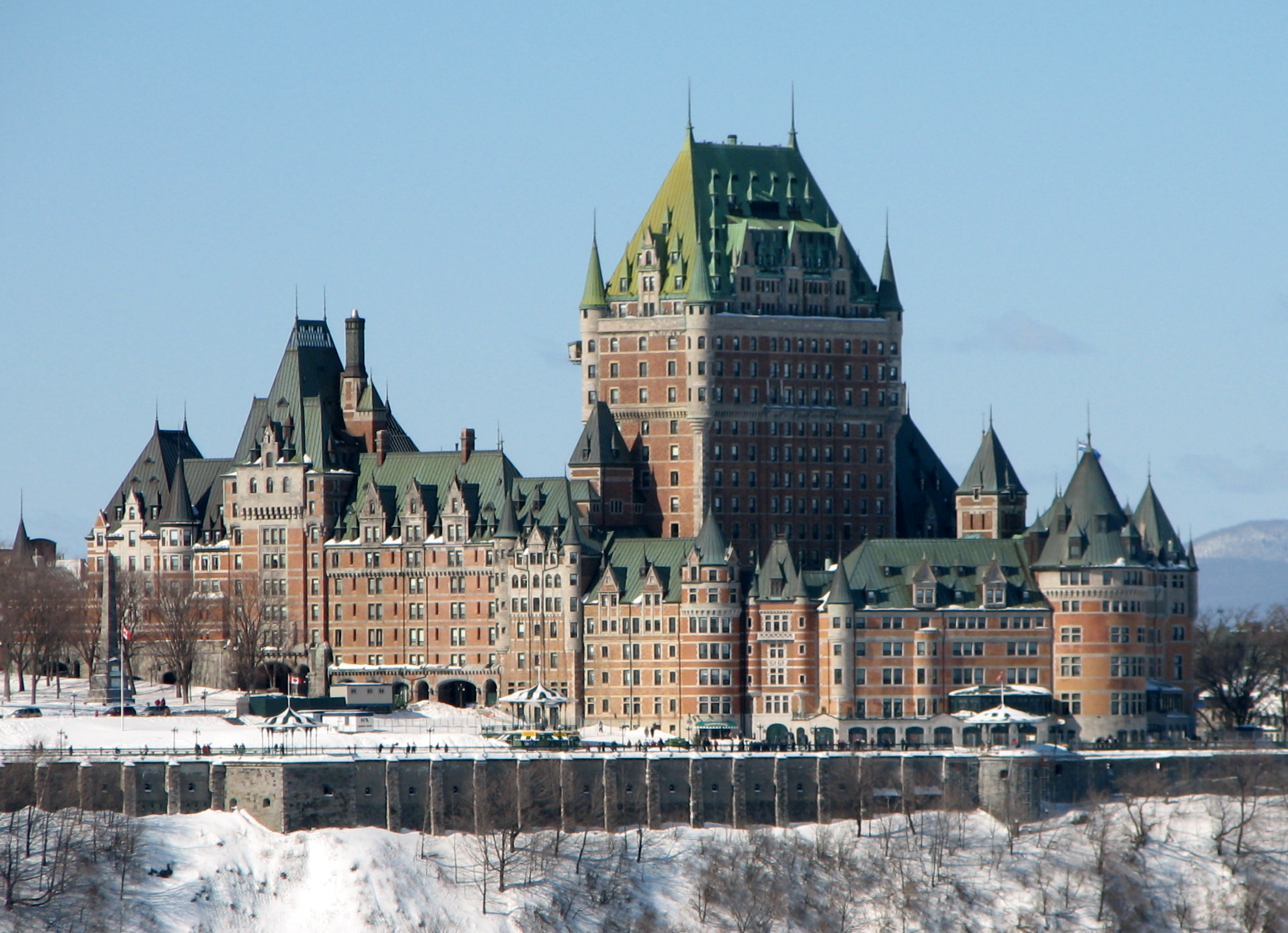 Château Frontenac overlooking the snow-covered Dufferin Terrace in winter