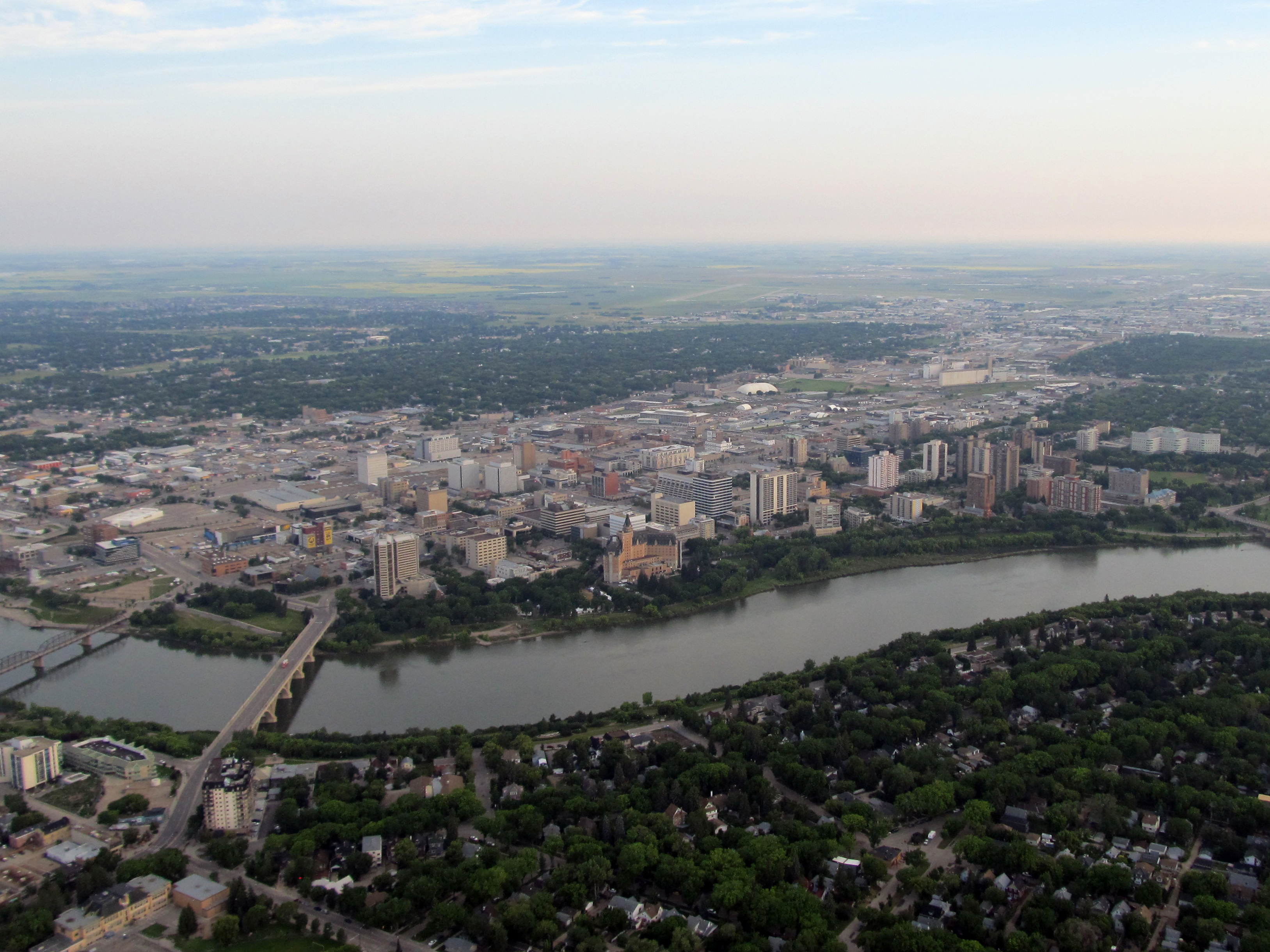 Aerial view of downtown Saskatoon and the South Saskatchewan River
